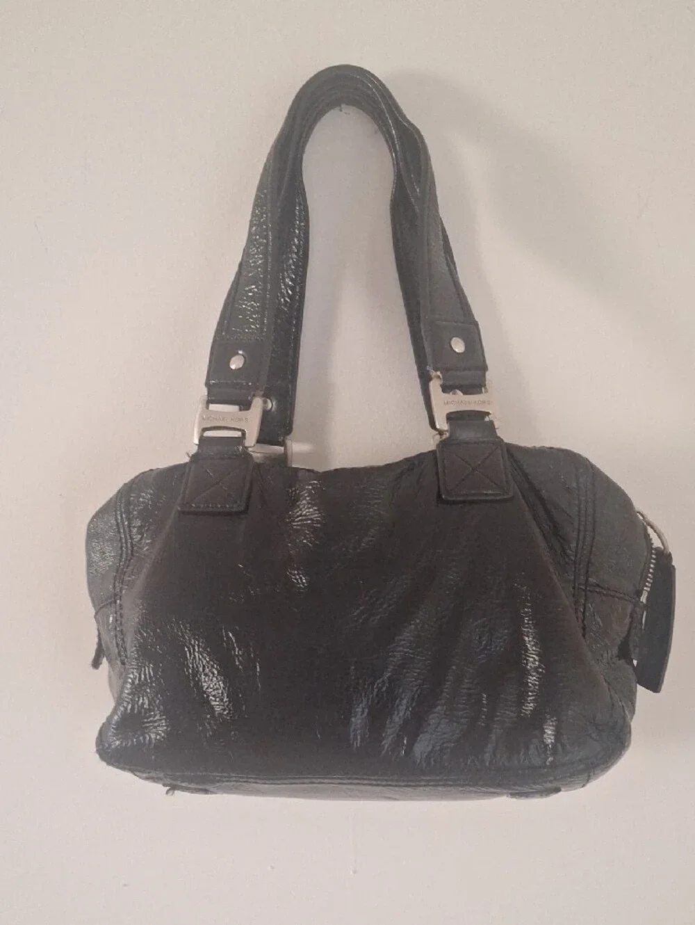 Michael Kors Black Patent Leather Shoulder Bag with Silver Hardware